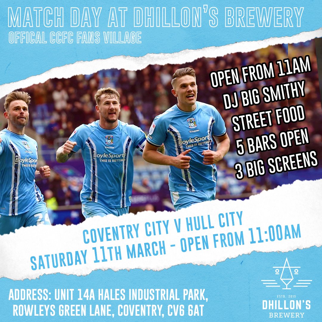 It’s #CCFC vs #hcafc tomorrow, and we’ll be open from 11am! 

#pusb #skyblues #skybluearmy #coventry #coventry2023 #covcity #coventrycitycentre #midlands #westmidlands #matchday #match #football #dhillonsbrewery #eflchampionship #efl #fansvillage #brewery #beer