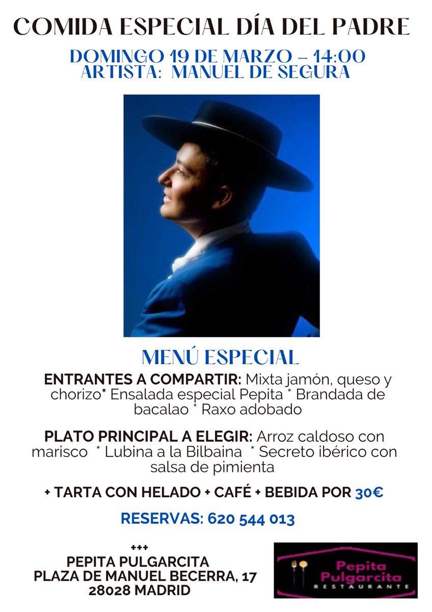 Comenzamos las reservas
19 de Marzoa las 14:00h
Restaurante Pepita Pulgarcita .
Plaza Manuel Becerra 17. Madrid
