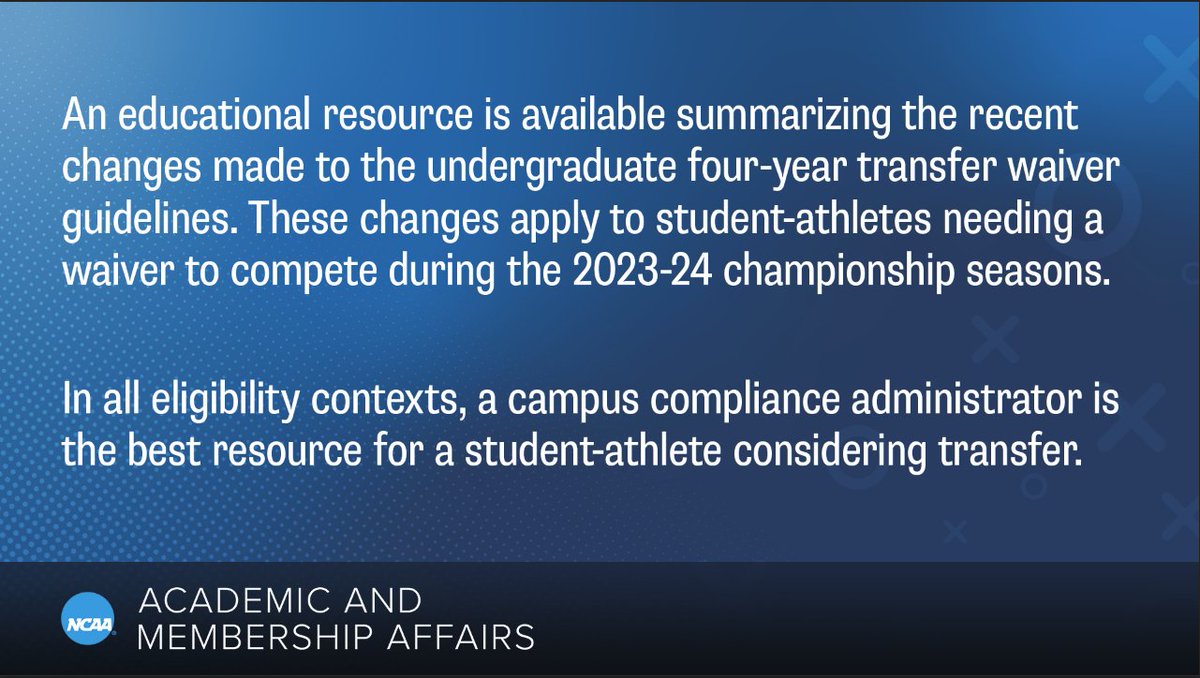 📘 New Resource Available on the Undergraduate Four-Year Transfer Waiver Guidelines for Division I 📘

Check it out ⬇️
on.ncaa.com/AMAUG4YW