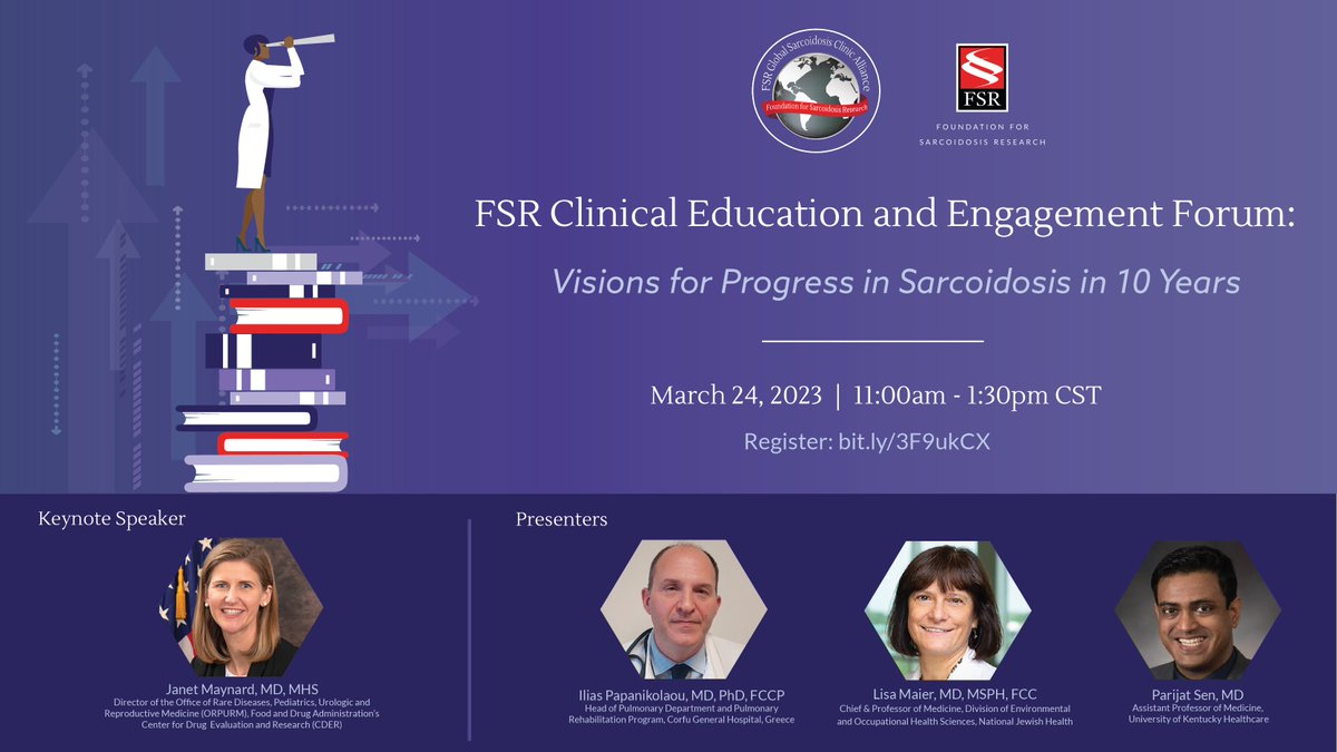 Join FSR on March 24 for: Visions for Progress in Sarcoidosis in 10 Years. Learn what is ahead for sarcoidosis from the FDA and other expert stakeholders. The event is free of charge. bit.ly/3F9ukCX
#sarctwitter #stopsarcoidosis @StopSarcoidosis