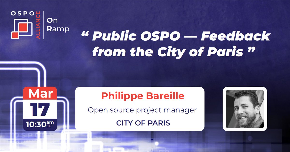 Our next OnRamp meeting will feature <a href="/PhilippeBareil1/">Philippe Bareille</a> from the city of <a href="/Paris/">Paris</a>. He'll give us valuable feedback and his views on Public #OSPO.

📅 Mar 17th, 2023
⏰ 10:30-12:00 CET
▶️ ospo.zone/onramp/

Open to all / no registration / safe environment

#OpenSource