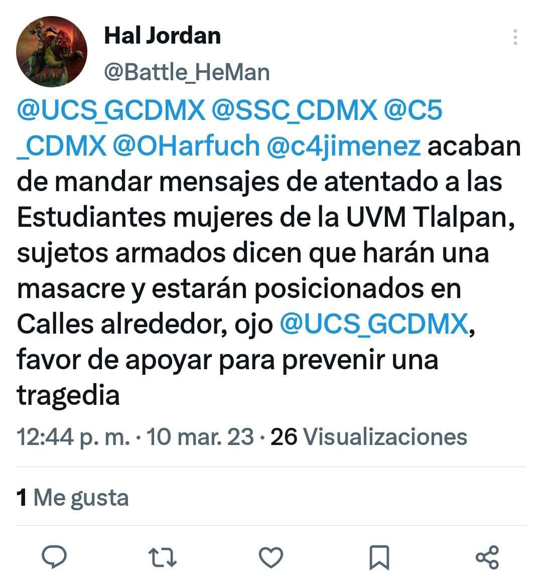 Zeneran's tweet photo. Derivado de las manifestaciones del 8M, hoy las alumnas de UVM Tlalpan*NO* se sienten seguras. 

(Ya hay presencia de elementos de seguridad al interior de la escuela) https://t.co/p82SmJpV7j