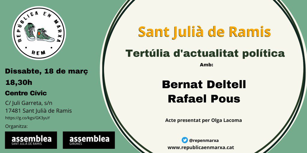 La setmana vinent ens trobem a Sant Julià de Ramis!!

🔴Dissabte 18 de març
🔴18:30h
🔴Centre cívic Sant Julià de Ramis

Amb en <a href="/Bernat_Deltell/">Bernat Deltell</a>, <a href="/Pous/">Rafael Pous ||*|| 🎗</a> i l’<a href="/olgalac/">OLac</a> 

Organitza <a href="/ANCGirones/">ANCGirones</a> 

Us hi esperem!