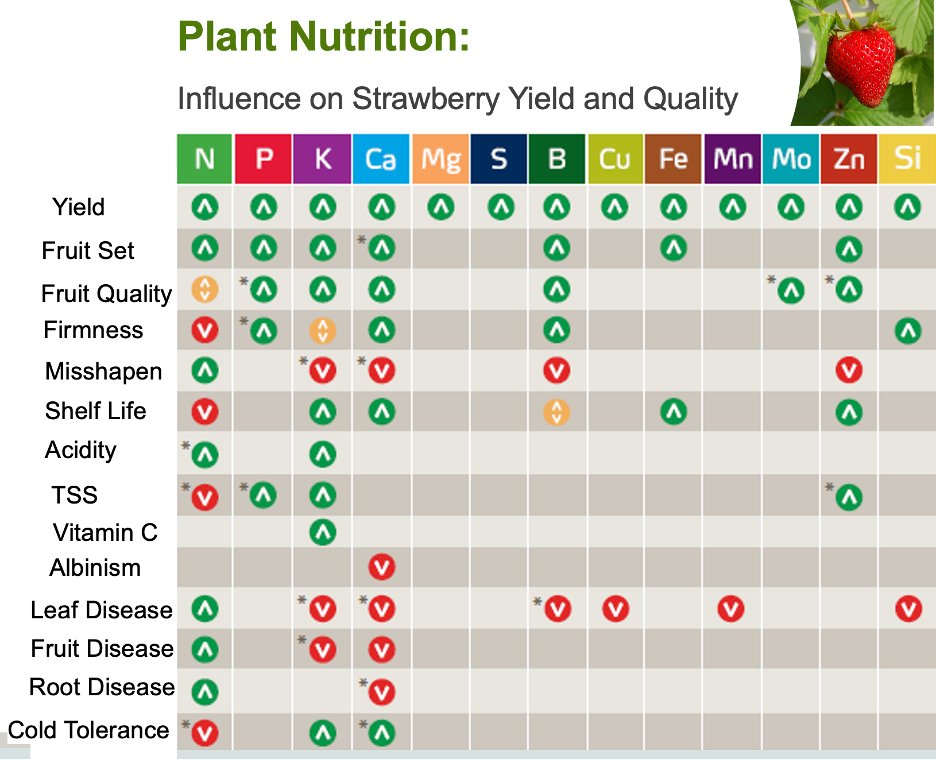 #Strawberry & nutrition? I just spoke at North Amer Straw. Growers Symp. Of ~80 talks, ~4 on nutrient mngt. With other major issues, plant nutr may seem boring, but vital for yield and quality. #Yara prepared this chart a few years ago. Now digging deeper into these relationships