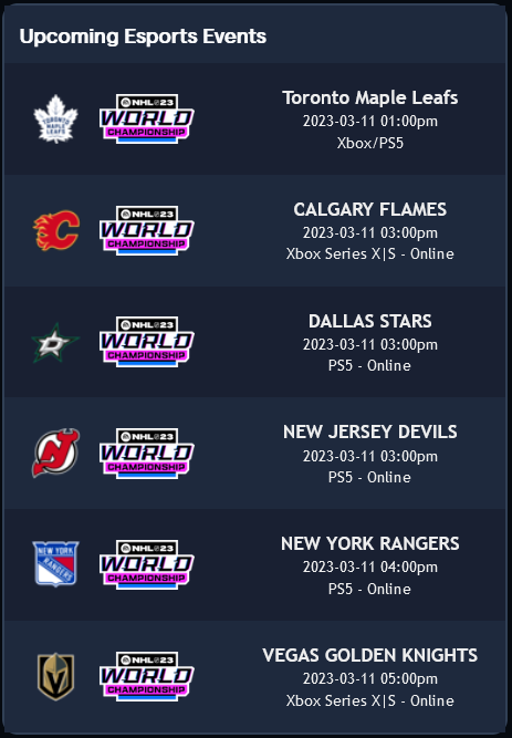 leaguegaming's tweet image. 📢 Last Call 📢 for #NHL23WC NHL team events with 6 events this weekend 

(time in ET)
@MapleLeafs - 1pm
@NHLFlames - 3pm
@DallasStars - 3pm
@NJDevil00 - 3pm
@NYRangers  - 4pm
@GoldenKnights - 5pm
