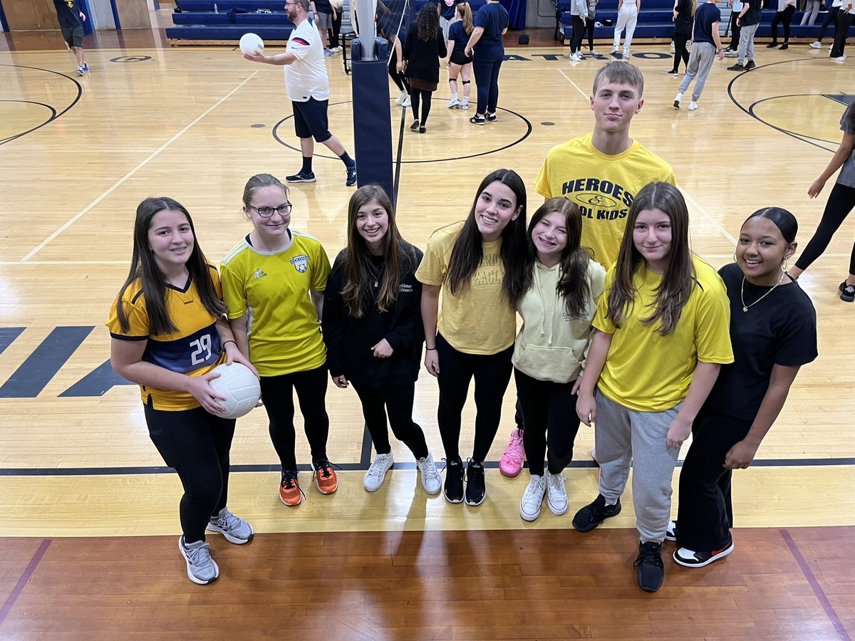 Mrs_Economos's tweet photo. So much fun today at the student/faculty volleyball game!  Freshman beat sophomores, seniors beat juniors, seniors beat freshman, faculty beat seniors. Thank you to all our student players!!!!  💙 💛 https://t.co/tS2WaM6Ctu