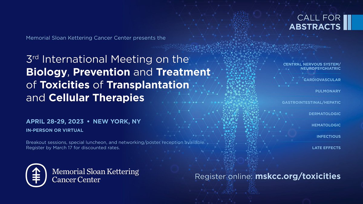 MSK CME (@mskcme) on Twitter photo Deadline approaching — Don't miss the opportunity to share your work at the 3rd International Symposium on #Toxicities after Transplantation & #CellularTherapy #MSKToxTCT. Top 5 awards receive complimentary registration! Submit your #abstract by March 31: bit.ly/MSKToxTCT Deadline approaching — Don't miss the opportunity to share your work at the 3rd International Symposium on #Toxicities after Transplantation & #CellularTherapy #MSKToxTCT. Top 5 awards receive complimentary registration! Submit your #abstract by March 31: bit.ly/MSKToxTCT
