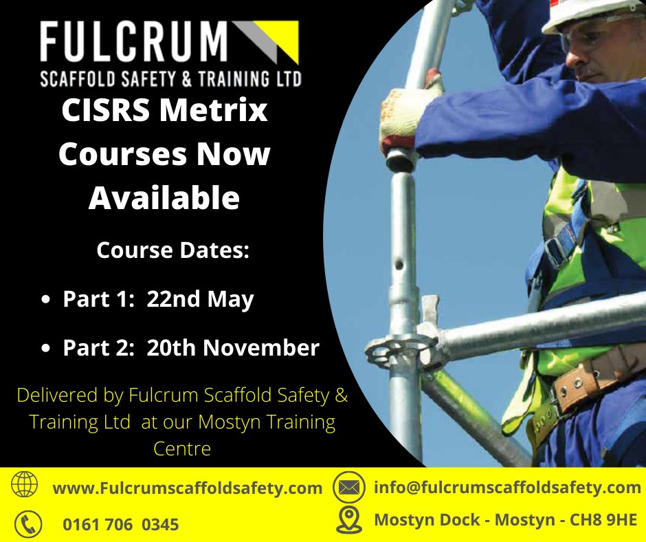Fulcrum Scaff Safety (@fulcrum_safety) on Twitter photo CISRS Part 1 & Part 2 Metrix courses now available.
We also offer Metrix SSPTS, BASE and Inspection course.
For further details contact us on
0161 706 0345
Info@fulcrumscaffoldsafety.com
fulcrumscaffoldsafety.com
#Plettacmetrix #scaffolding #TRAD #CISRS #training CISRS Part 1 & Part 2 Metrix courses now available.
We also offer Metrix SSPTS, BASE and Inspection course.
For further details contact us on
0161 706 0345
Info@fulcrumscaffoldsafety.com
fulcrumscaffoldsafety.com
#Plettacmetrix #scaffolding #TRAD #CISRS #training