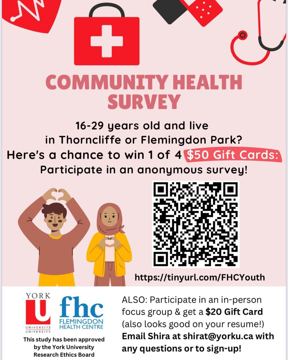 📢Calling youth in Thorncliffe &amp; Flemingdon Park ✨

Fill out a survey🤳🏻to help your community🤝 &amp; for a chance to win a $50 gift card 💳!

🔗 in bio &amp; 👉🏾tinyurl.com/FHCYouth

Share with your friends! 👯‍♀️👯‍♂️

#thorncliffepark #flemingdonpark 
<a href="/fhc_chc/">Flemingdon Health Centre</a> <a href="/TNOtoronto/">TNO-THE NEIGHBOURHOOD ORGANIZATION</a> <a href="/mgcisac/">MGCI Student Council</a>