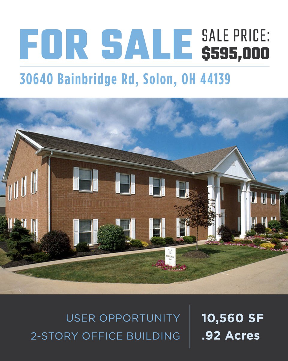 RealEstateCPP's tweet image. FOR SALE: Solon, OH, two-story office building. 10,560 SF. Link in the bio for more information ⬆️

#commercialrealestate #commercialrealestatebroker #officebuidling #officeforsale #solon #clevelandrealestate #realestatecpp