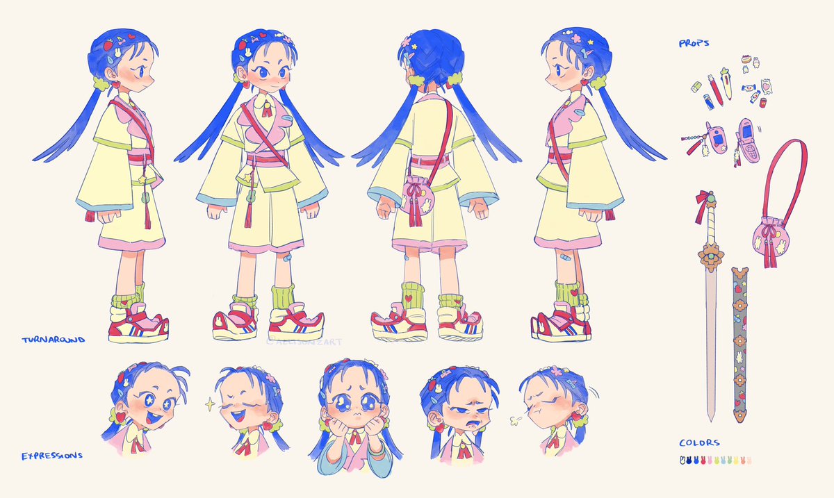 1girl reference sheet sword twintails blue hair weapon multiple views  illustration images