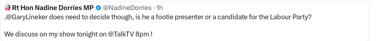 gsadelaide's tweet photo. @mrjamesob And @NadineDorries (*a paid Member of Parliament) needs to decide if she is an MP or a TV presenter - #lacksfocus #doyourjob https://t.co/GOLKnbA7gY