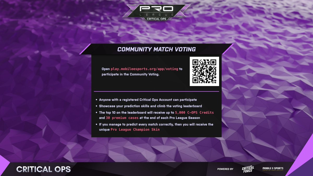 Visit play.mobileesports.org/app/voting &amp; vote for the teams that you think will win in this week's Pro League! Also, don't forget to join our stream this weekend at youtube.com/@CriticalOpsEs… for competitive matches. #CriticalOps #Gaming #Games #CriticalOpsGame