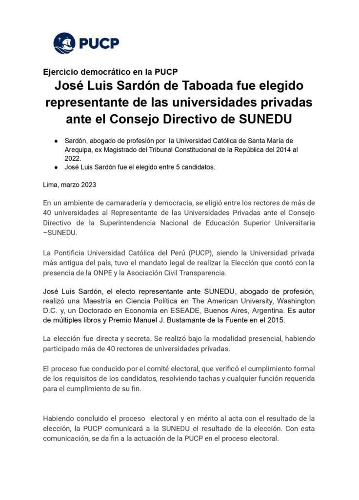 En nombre de <a href="/FipesOficial/">FIPES</a> saludamos la elección del Dr. José Luis Sardón como representante de las #universidades privadas ante el consejo directivo de la <a href="/SuneduPeru/">Sunedu</a>. Su excelente trayectoria garantiza una representación enfocada en la mejora de la calidad de la #educación
