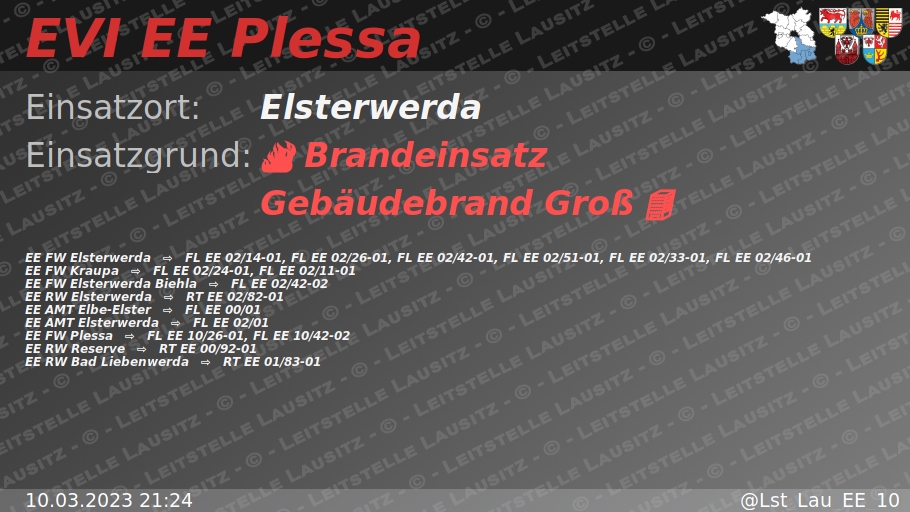 🚨 10.03.2023 21:24 🔥 🏢 B:Gebäude-Groß 🌐 Elsterwerda 🚒 ⇨ FW Elsterwerda, FW Kraupa, FW Elsterwerda Biehla, FW Plessa wachalarm.leitstelle-lausitz.de/dbrd/7f61f95e-…