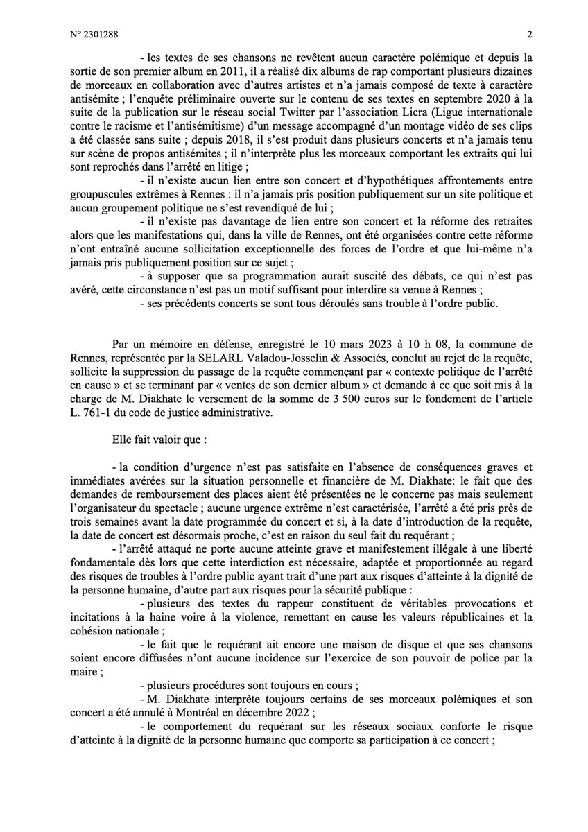 SHONEGFG's tweet photo. Décision du juge des référés.

L'arrété produit par la mairie de Rennes interdisant le concert de Freeze Corleone est suspendu.

Concert maintenu. 
(1,2,3,4/6)
#FreezeCorleone #Rennes2023 https://t.co/nvWQ2hrVKk