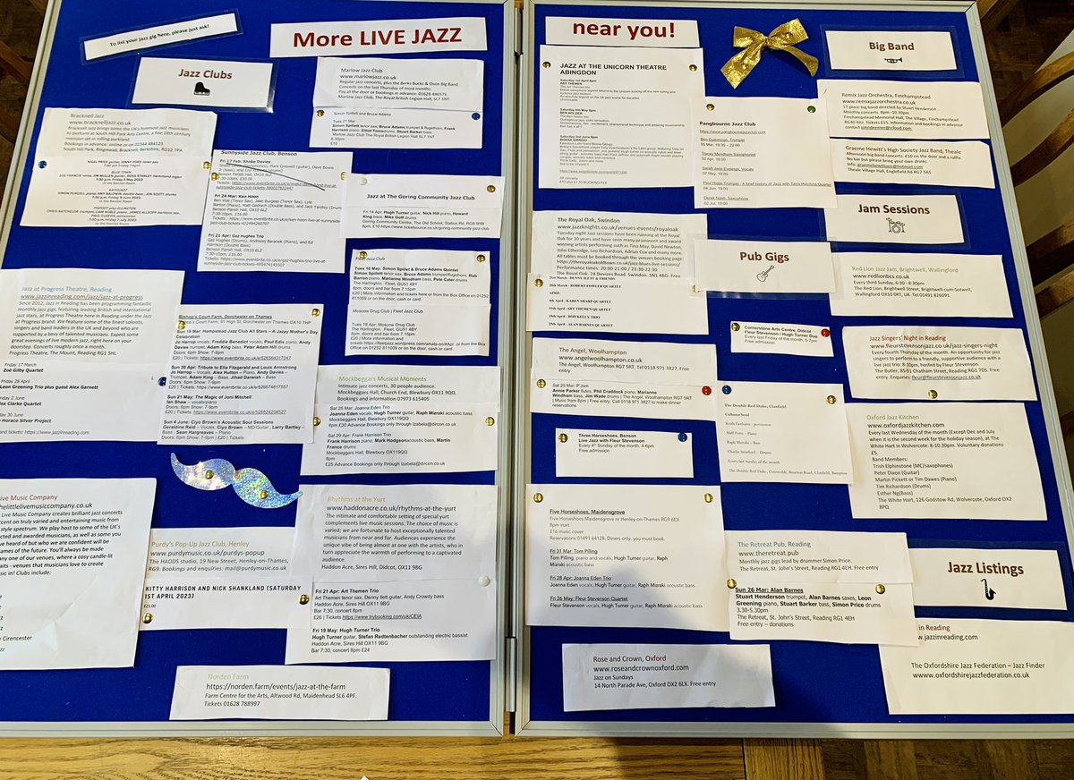 Preparing our ‘Live jazz near you!’ noticeboard for tomorrow. It’s not very aesthetically pleasing 😂 but it is rather informative, packed full of info about loads of great local gigs! Be sure to catch one soon!
#keepmusicalive