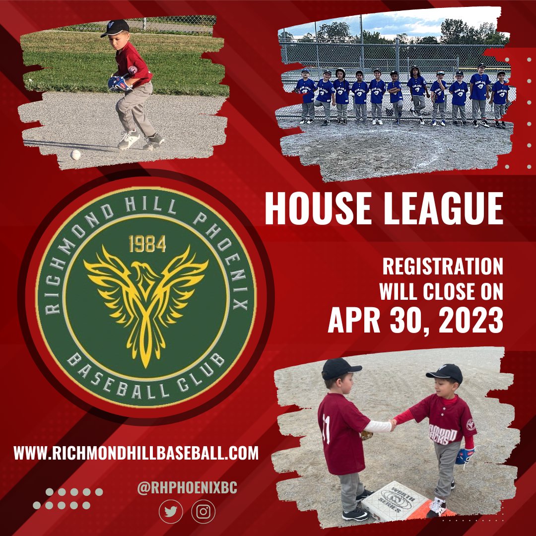 rhphoenixbc's tweet photo. Have you registered for House League yet? Don't miss it, limited spots are available. Registration will close on April 30, 2023

For more information or to register visit our website, link in bio.

#richmondhillphoenix #baseballclub #houseleague #registration #dontmissit https://t.co/fki9jIoNdu