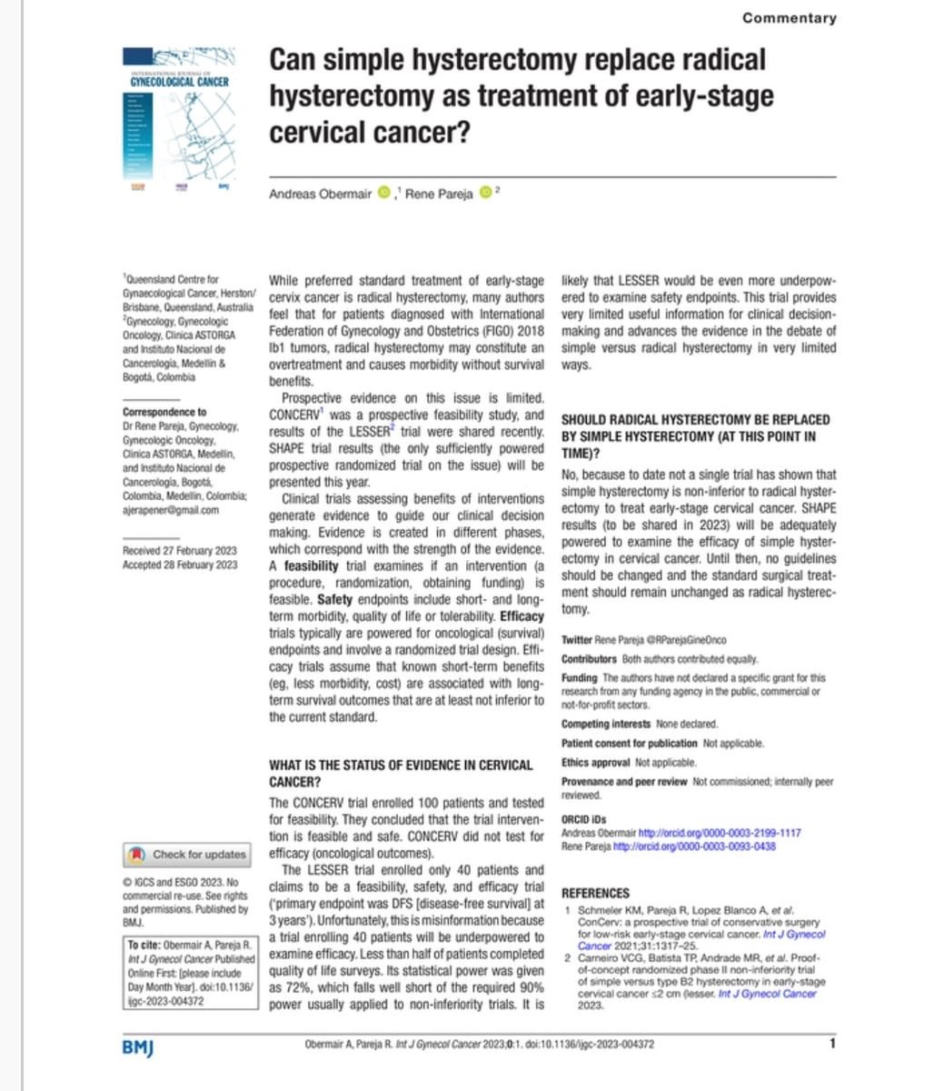 AndreasObermair's tweet photo. Can simple hysterectomy replace radical hysterectomy for treatment of early-stage cervical cancer? @RParejaGineOnco https://t.co/3c1idpIyOL