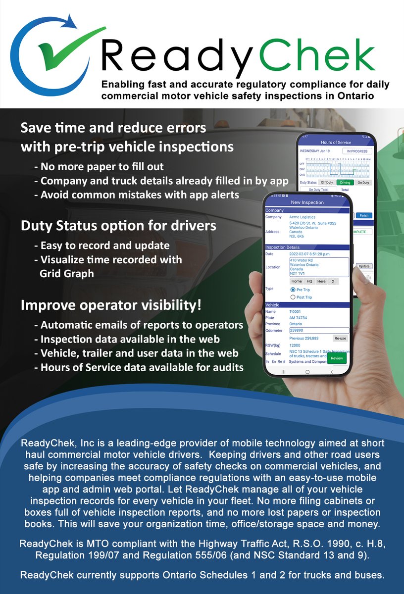 Are you looking for a #great solution to manage your #CVOR #PreTrip Inspections? Need to track #DutyStatus changes but you're not interested in paying #ELD prices? If you stay within 160km radius of your business, ReadyChek.com is the right solution for you!