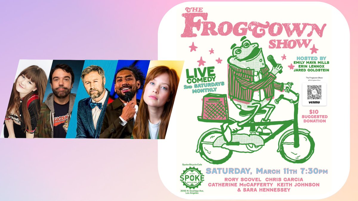 🔥Hot tip: this is gonna be a great show with Rory Scovel,  <a href="/_chrisgarcia/">Chris Garcia</a>, Catherine McCafferty, Keith Johnson, and <a href="/sara_hennessey/">Sara Hennessey</a>! The forecast calls for laughs. See you at <a href="/spoke_lariver/">Spoke Bicycle Cafe</a> 🐸 ❤️