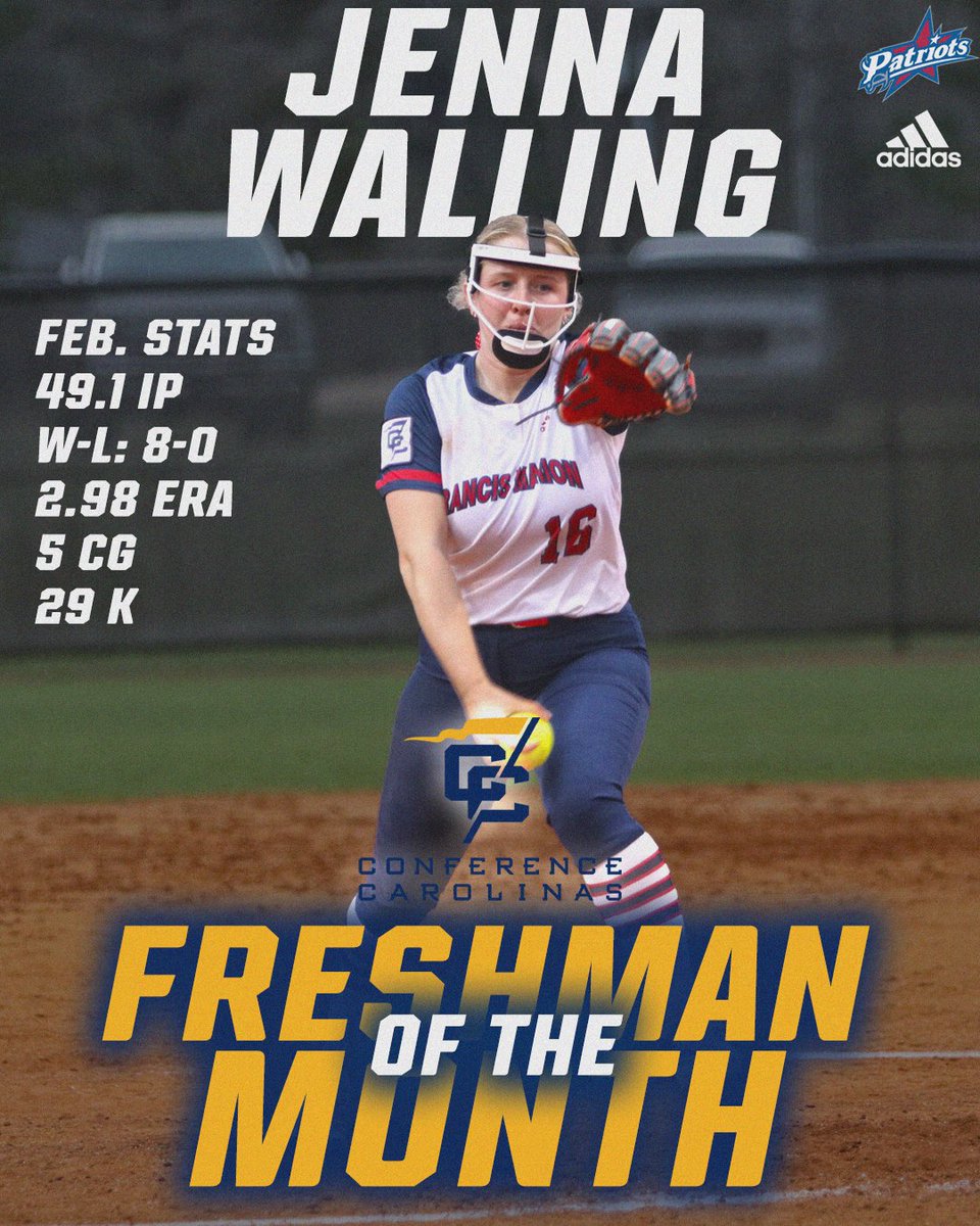 S/O to Jenna Walling of <a href="/fmu_softball/">FMU Softball</a> for earning <a href="/ConfCarolinas/">Conference Carolinas</a> Freshman of the Month after a stellar start to her college career last month! 🤩💪

#SwampEm | #GoPatsGo