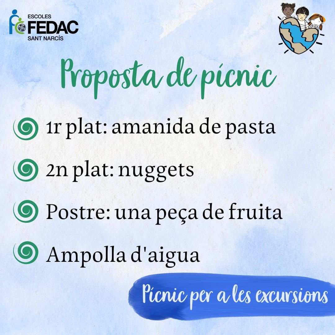 FEDACSantNarcis's tweet photo. 🚨 Atenció famílies!
Aquest mes iniciem un nou servei de picnic els dies d'excursió!👧🏼👦🏾
Els alumnes que estiguin interessats en reservar el pícnic cal que facin la reserva amb un mínim de 4 dies d'antelació a la porteria de l'escola.
#menjadorescolar #scolarest @EscolesFEDAC https://t.co/jLKokk9oRi