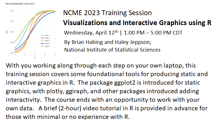 Want to get into making Data Visualizations with R?
Check out our training course at #NCME23 in Chicago!  
@NISS_DataSci @NCME38 @AERA_Div_D