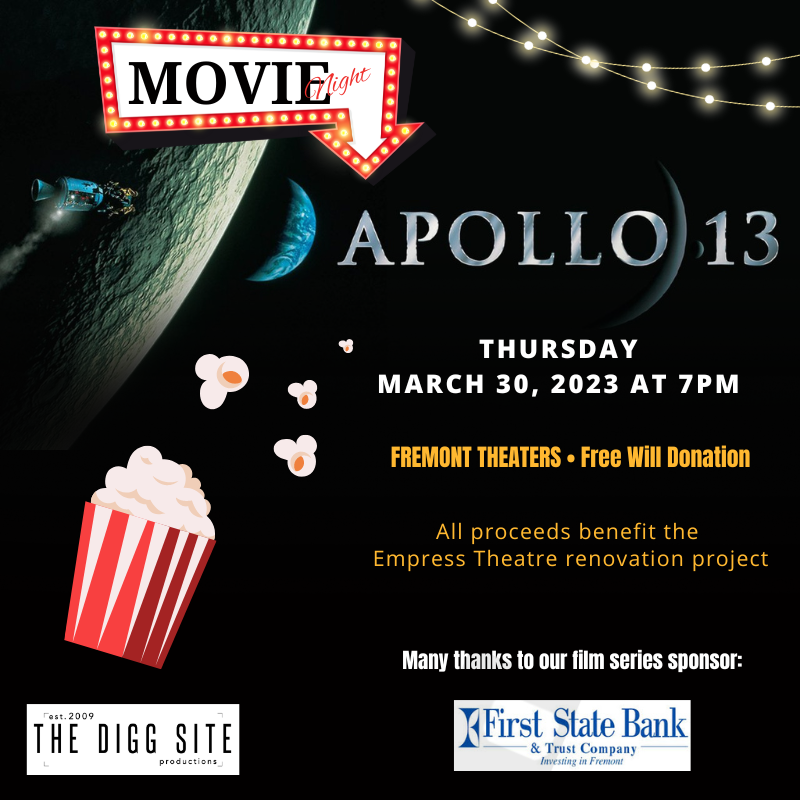 TheDiggSite's tweet photo. Mark your calendars for March 30th at 7pm at Fremont Theaters to watch this month’s movie “Apollo 13.” 🚀 

Many thanks to First State Bank &amp; Trust Company - Fremont, Nebraska for sponsoring our film series!

#apollo13 #movienight #film #fremont #nebraska #empresshouse #diggsite https://t.co/7YZ6CA5Zlj