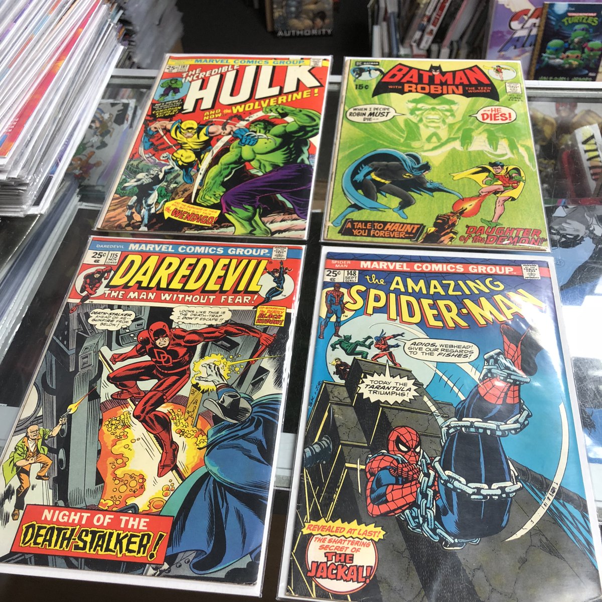 A few book stopped by the store today...might last the weekend.
#Incredible hulk #181 #Batman #232 #amazing spider-man #148 #daredevil #115 #Yesteryear Comics