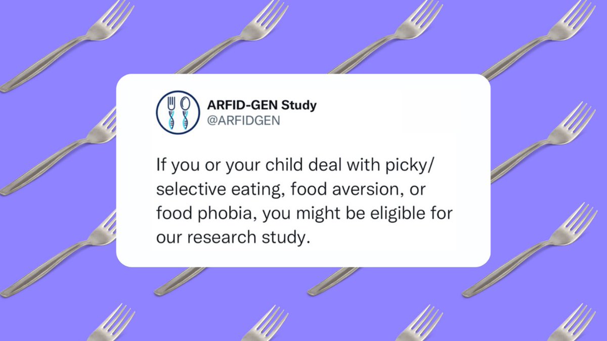 Do you (18+) or your child (7-17) have extreme #pickyeating, food aversion, or #ARFID? We invite you to join the ARFID Genes &amp; Environment (ARFID-GEN) research study! Participation is easy, confidential, &amp; can be done from home. No diagnosis needed. Visit arfidgen.org