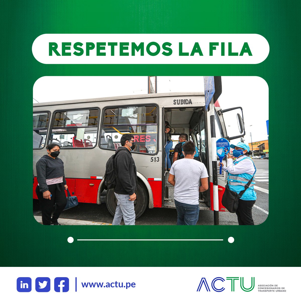 ActuPeru's tweet photo. Respetemos la fila al subir a las unidades de los Corredores Complementarios así contaremos con un mayor orden en los paraderos autorizados. 🫡
¡Sé parte del cambio! 🙌

 #TransporteUrbano #Transporteformal #TransportePúblico #transportedelima #CorredoresComplementarios #SIT https://t.co/IM2kbmdI5S