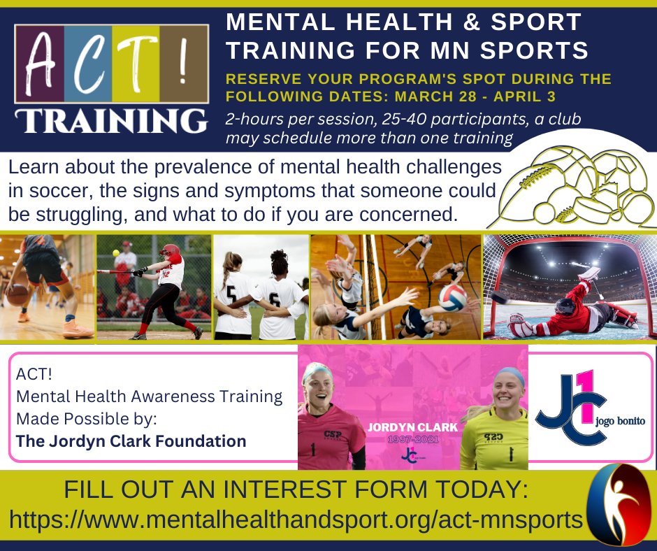 U.S. Center for Mental Health & Sport (@mhandsport) on Twitter photo Excited that <a href="/MHandSport/">U.S. Center for Mental Health & Sport</a> will be in #MN March 28-April 3 providing our ACT! Mental Health Awareness Training to #mnsports programs for FREE thanks to the generous support of the @jclarkfoundation. Fill out the interest form today to be included! mentalhealthandsport.org/act-mnsports/ Excited that <a href="/MHandSport/">U.S. Center for Mental Health & Sport</a> will be in #MN March 28-April 3 providing our ACT! Mental Health Awareness Training to #mnsports programs for FREE thanks to the generous support of the @jclarkfoundation. Fill out the interest form today to be included! mentalhealthandsport.org/act-mnsports/