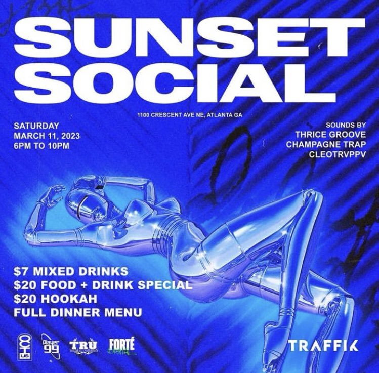 iRickFlair's tweet photo. Sunset Socials this Saturday @ Traffik! Good drinks, food, &amp; vibes! Pull up! https://t.co/CMjfubGnVR