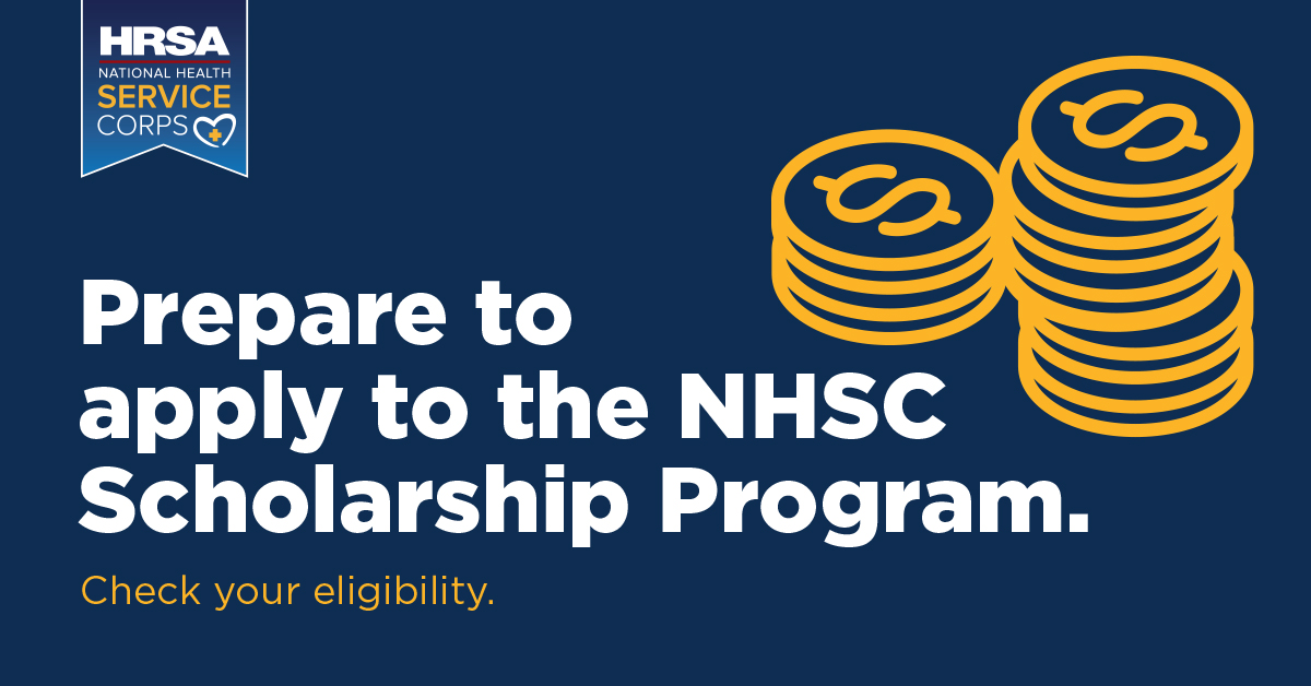 NHSCorps's tweet photo. Get ready: The application cycle for the #NHSC Scholarship Program opens soon! Don’t miss out on the opportunity to let us pay your tuition while you work to bring #healthcare to underserved communities. Review your eligibility: https://t.co/VdyYF4dG55 https://t.co/SheCq3bRLU