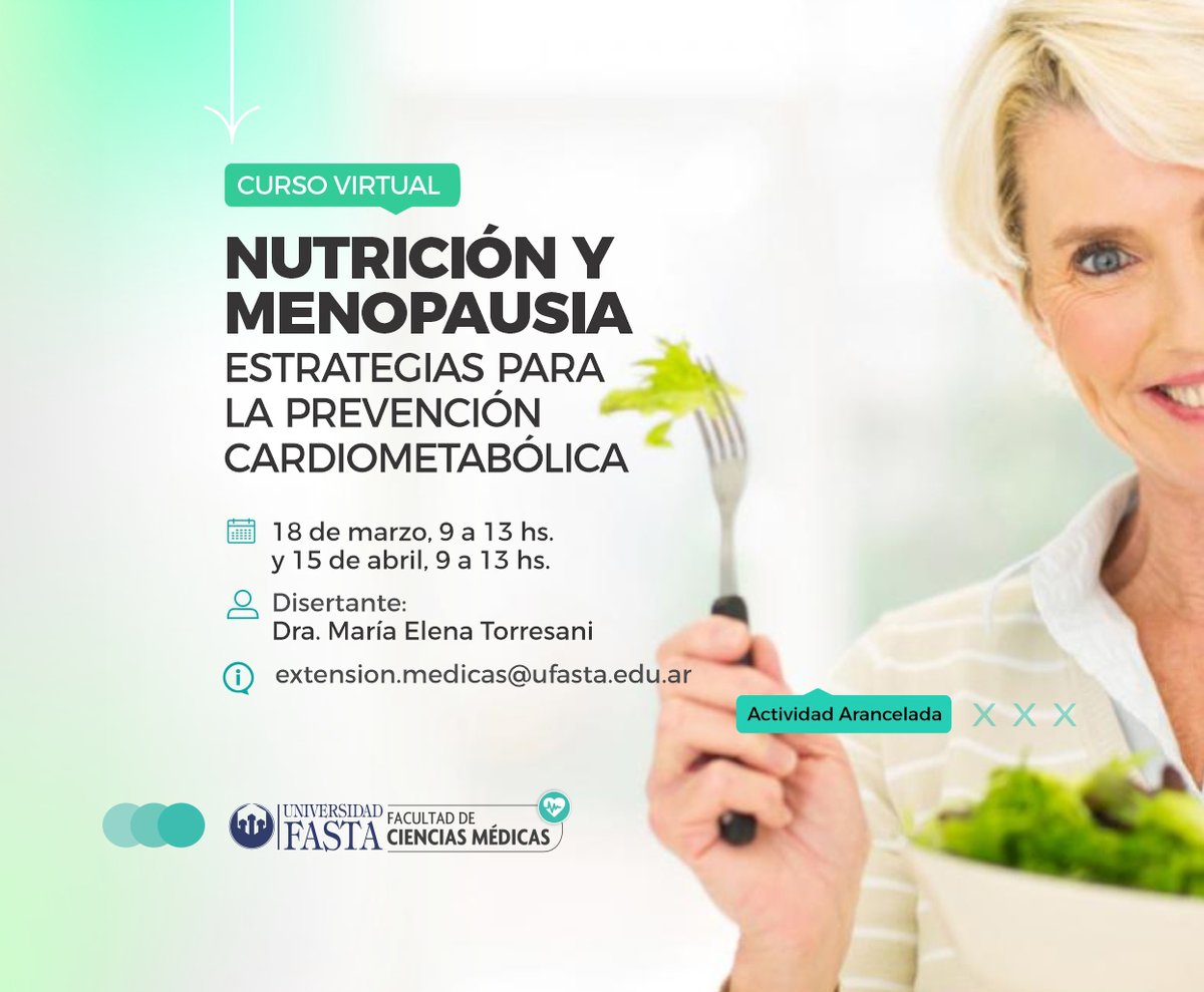 🥗Curso «Nutrición y Menopausia: Estrategias para la Prevención Cardiometabólica»
📆Fecha: 18/03/2023 - 15/04/2023
🕒Horario: 09:00 - 13:00
⚪Organizado por: Facultad de Ciencias Médicas UFASTA - Nutrición
💸Actividad: Arancelada
👉🏼Para mas info: bit.ly/3XQBi6c