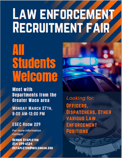 TarletonWaco's tweet photo. Have you always wanted to be one of the helpers? Plan to attend the MCC Law Enforcement Recruitment Fair!
Monday, March 29
8AM-12PM
ESEC Room 229
For more info contact Dennis Stapleton at 254.299.6524 or dstapleton@mclennan.edu
#Tarleton #TarletonState #TarletonWaco https://t.co/aBHlW6bZ0Z