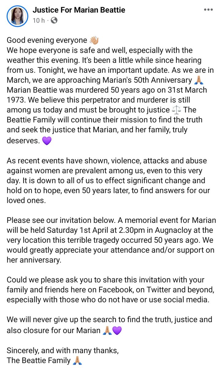 Justice_4Marian's tweet photo. Please see invitation flyer pinned at the top our profile for full details for Marian's memorial event 💜🙏🏼

#JusticeForMarianBeattie
#JusticeForAllWomen
#ViolenceAgainstWomen
#FindingJustice
#50YearsTooLong
#RememberMarian
#FightingForTheTruth
#FightForJustice https://t.co/F6QaihkLgz