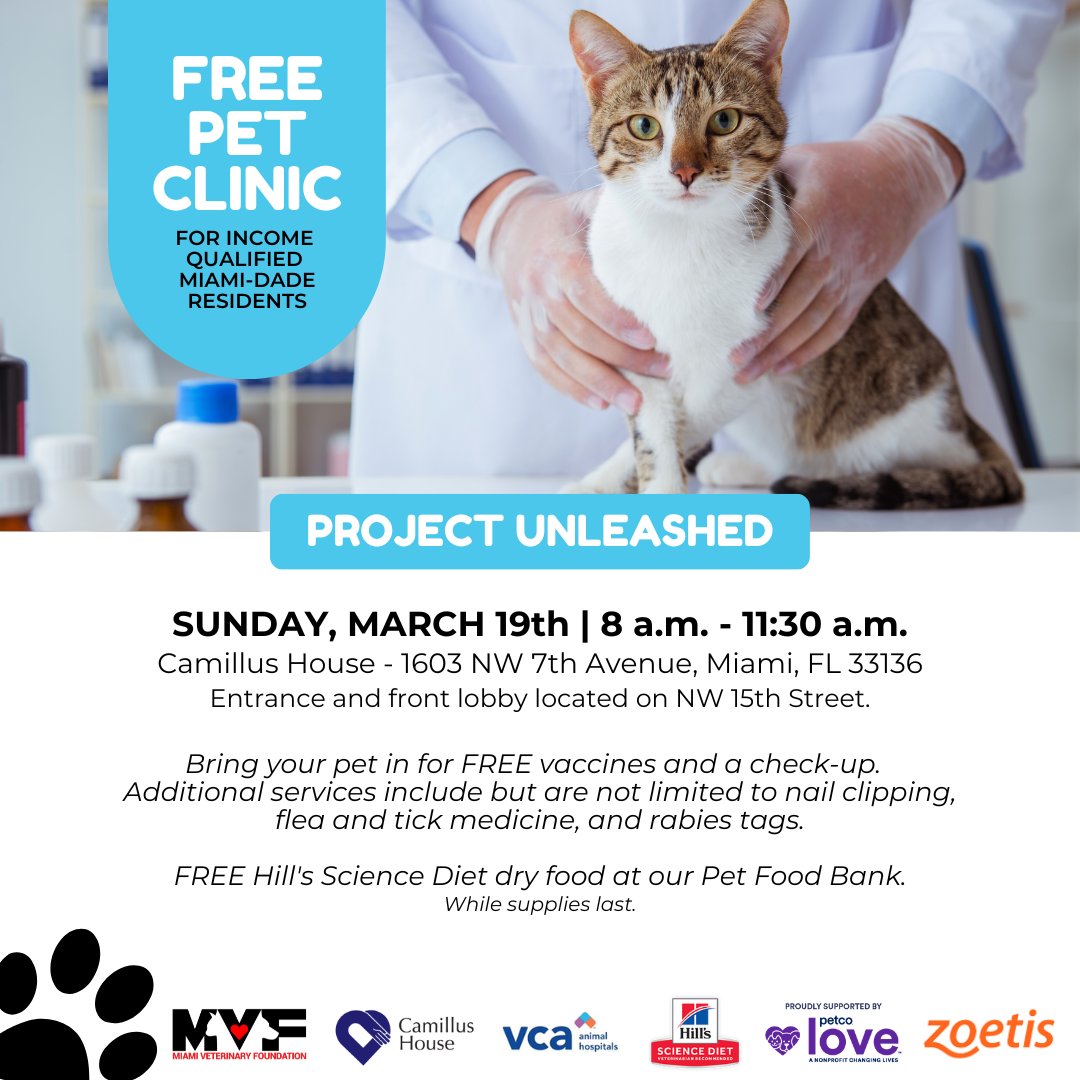 MiamiVetFdn's tweet photo. π
πΎ Mark your calendars! #ProjectUnleashed is on Sunday, March 19th from 8 a.m. to 11:30 a.m. at Camillus House.
Location:1603 NW 7th Avenue, Miami, FL 33136
FREE VACCINES, FREE Hill's Science Diet food and a CHECK-UP. Open to income-qualified Miami-Dade residents.
#MiamiPets https://t.co/ZbRvny1E1V