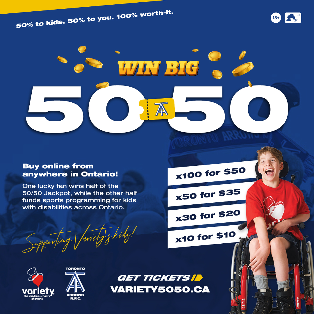 Variety_Ontario's tweet photo. Cheer on the @TorontoArrows & support Variety’s Kids by getting your 50/50 raffle tix! 🎫
TICKETS 👇
100 for $50
50 for $35
30 for $20
10 for $10
🛒 Buy online from anywhere in Ontario!
Visit https://t.co/OBgOhGhlQn
#Win #Toronto #HelpUsHelpKids #Rugby #TorontoArrows https://t.co/fBgwXCIedJ