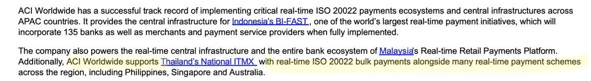 💥ACI WORLDWIDE (RIPPLE PARTNER) SUPPORTS THAILAND ISO 20022 MIGRATION WITH BULK PAYMENTS + REAL TIME PAYMENTS 
RIPPLE USES ODL AND XRP FOR BULK PAYMENTS 🤯🤯🤯💥
investor.aciworldwide.com/node/24131/pdf