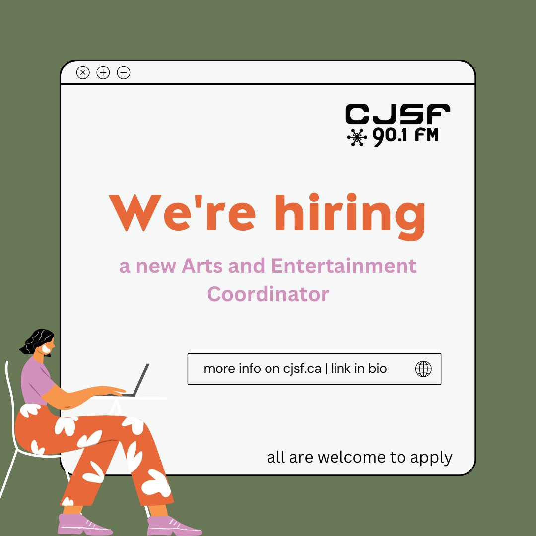 CJSF's tweet image. Love music, movies, books or the performing arts? Looking for a little extra cash? We&apos;re re-opening our Arts &amp;amp; Entertainment Coordinator posting (yet) again!

🎭🌐 Want to learn more? More info here: bit.ly/CJSFAECoord22b…

#cjsf #arts #entertainment #volunteer #jobs #sfu #yvr