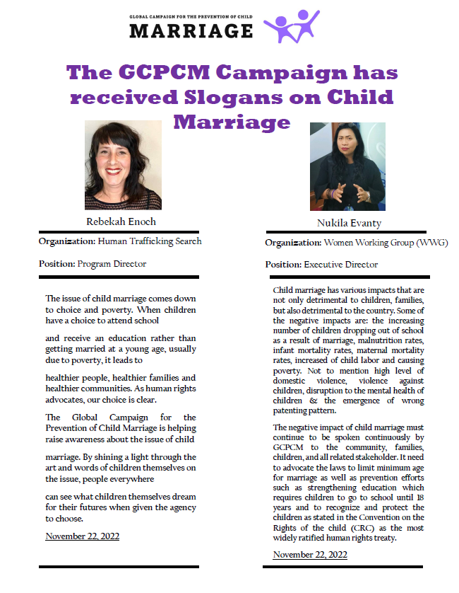 GCPCM2's tweet photo. The Global Campaign for the Prevention of Child Marriage (GCPCM)
#childmarriage #humanrights #Children #GCPCM https://t.co/vWmHsr8sfM