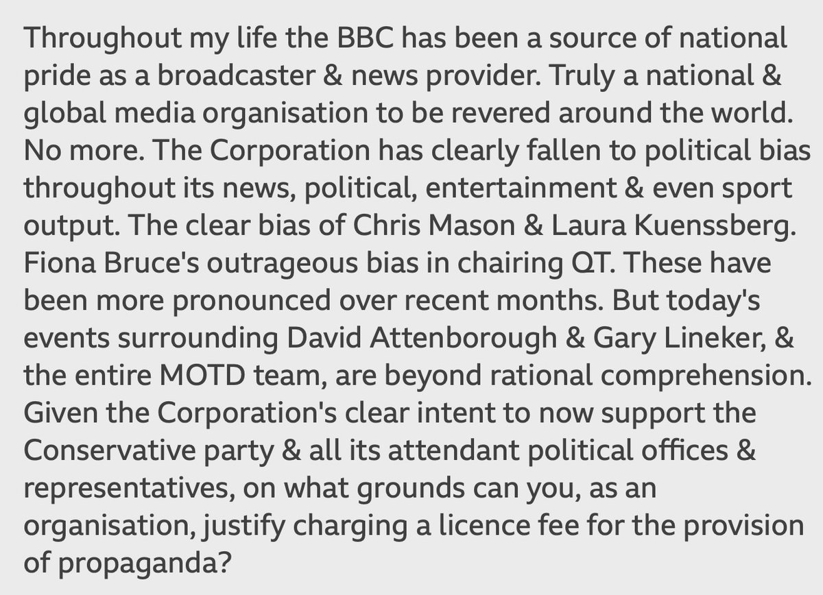 My complaint to the #BBC 
@GaryLineker @IanWright0 @alanshearer @bbclaurak #BBCLicenceFee