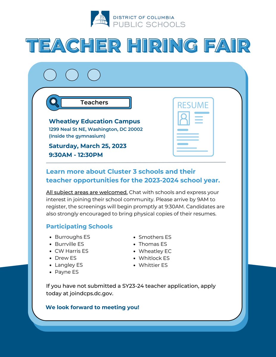 WhittierECSTEM's tweet image. Calling all awesome educators!! Think you want to join us at the wonderful world of Whittier? Then please come by the Cluster 3 Schools Hiring Fair on March 25th. We’d love to meet you! #TheWhittierWay #Cluster3 #Ward4 @dcpublicschools