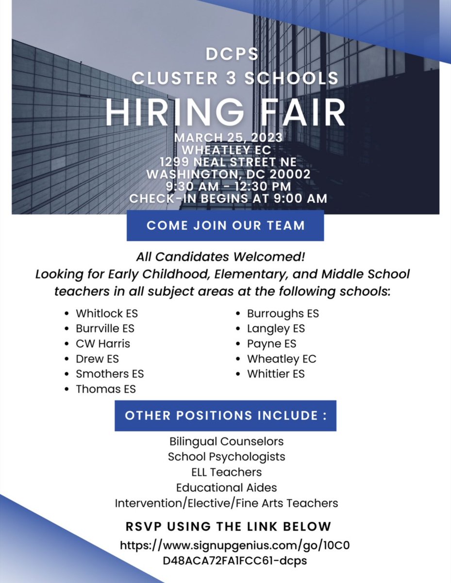 WhittierECSTEM's tweet image. Calling all awesome educators!! Think you want to join us at the wonderful world of Whittier? Then please come by the Cluster 3 Schools Hiring Fair on March 25th. We’d love to meet you! #TheWhittierWay #Cluster3 #Ward4 @dcpublicschools
