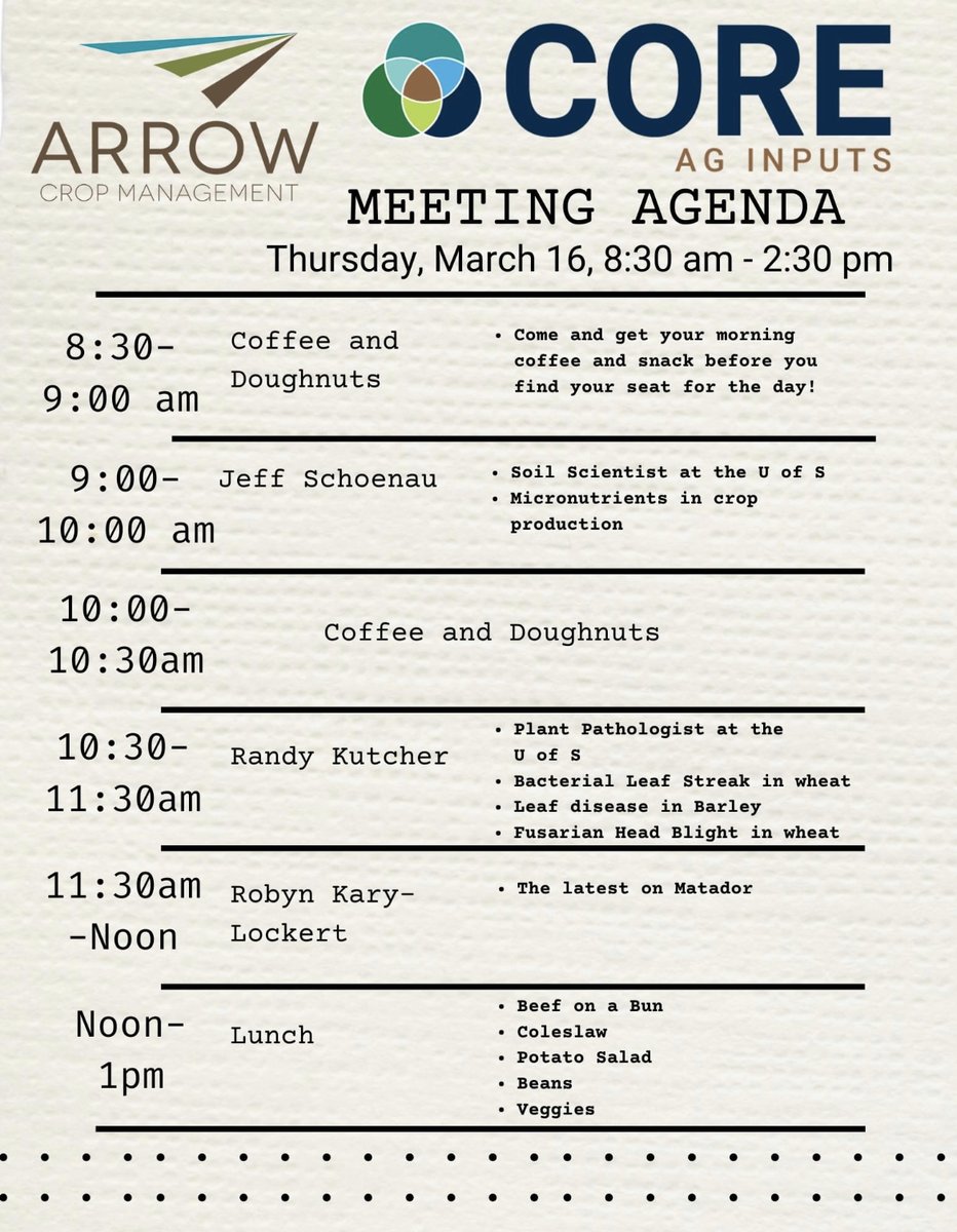 CoreAgInputs's tweet image. Hope to see you at our agronomy meeting next week! There is also CCA credits available. As a reminder, the meeting will be held at the White City Community Centre.