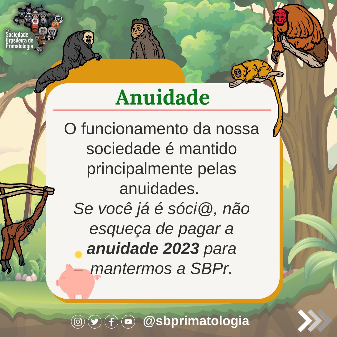 Você trabalha com primatas? 🐒
￼Já é sócio/a da Sociedade Brasileira de Primatologia?

A participação de mais pessoas torna a #SBPr diversa e, assim, mais forte  para enfrentar os desafios da pesquisa e conservação de primatas no Brasil.

#primatologia #PrimatologiaBrasileira