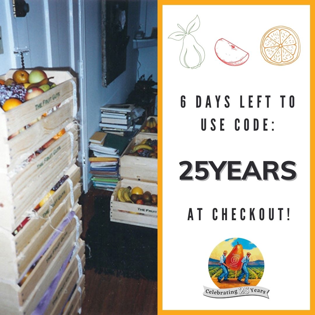The countdown begins! Only 6 days left to use code: 25YEARS for 25% OFF the first delivery of all new recurring orders of any large box to celebrate 25 years FruitGuys business! ORDER TODAY: webportal.fruitguys.com/all-products

#25yearsinbusiness #anniversary #familybusiness #smallbusiness