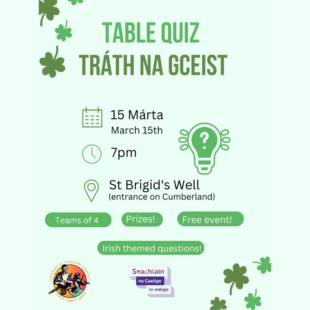 Gaeilge Ottawa (@gaeilgeottawa) on Twitter photo Join us as we celebrate Seachtain na Gaeilge in Ottawa with a Tráth na gCeist/Table Quiz next Wednesday!
📅 15 Márta
⏰ 7pm
📍 St Brigid’s Well
<a href="/OttawaCCE/">Ottawa Irish Arts</a> #ceanada #trasnanadtonnta #snag23 Join us as we celebrate Seachtain na Gaeilge in Ottawa with a Tráth na gCeist/Table Quiz next Wednesday!
📅 15 Márta
⏰ 7pm
📍 St Brigid’s Well
<a href="/OttawaCCE/">Ottawa Irish Arts</a> #ceanada #trasnanadtonnta #snag23